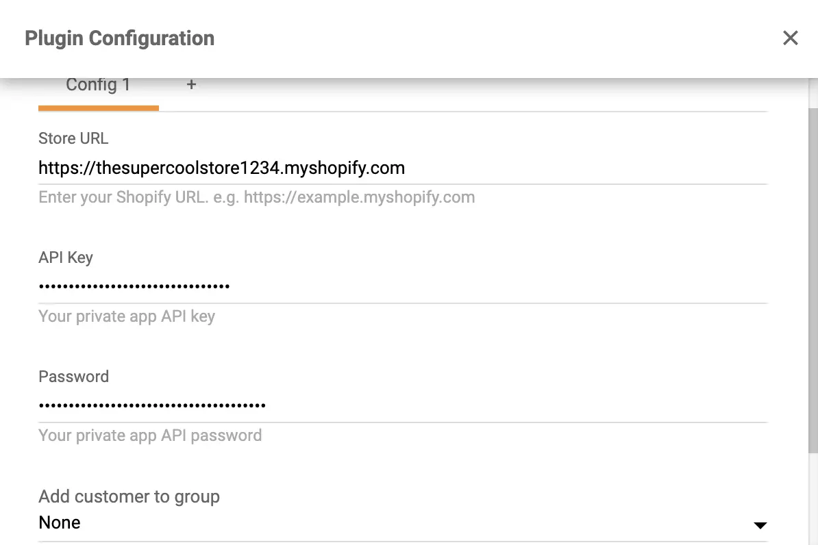 Másolja és illessze be az API-kulcsot és a jelszót a Shopify bővítmény konfigurációjába a LiveAgent-ben