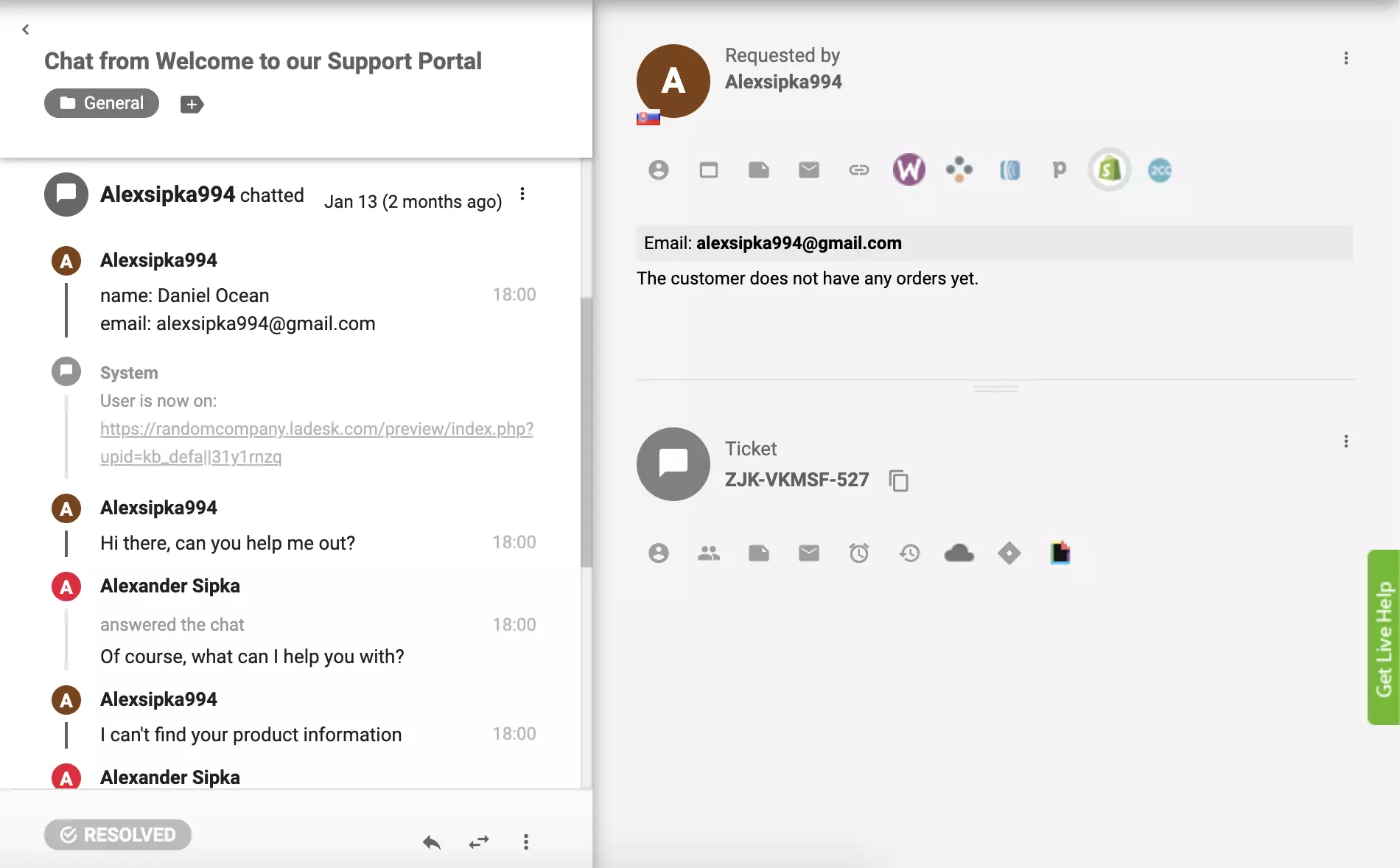 A Shopify bővítmény aktív a LiveAgent-ben, és az ügyfél rendeléseit a jegy nézetből lehet megtekinteni