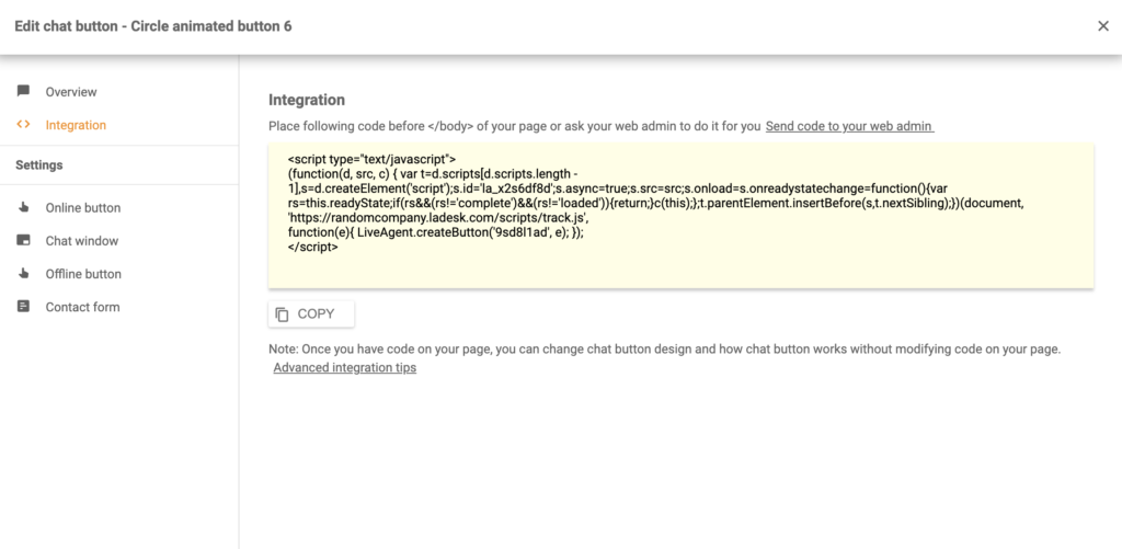 Silverstripe csevegés gomb integrációs kódja a LiveAgent-ben