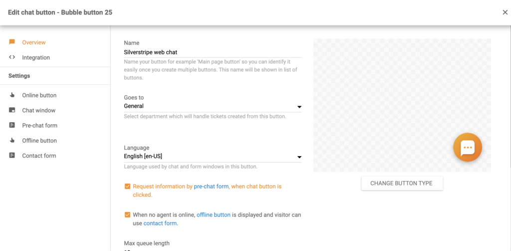Silverstripe csevegés gomb konfigurálása a LiveAgent-ben