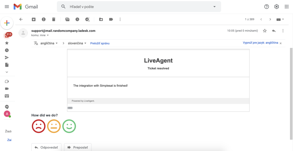 LiveAgent üzenet Simplesat visszajelzéssel a Gmail postafiókban