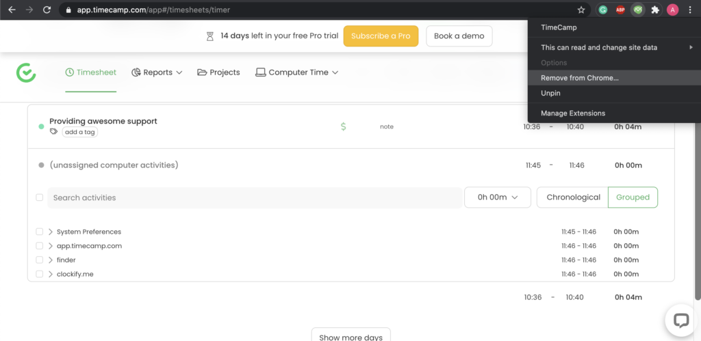 Timecamp bővítmény lehetőségei a Google Chrome-ban