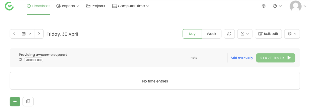 TimeCamp projekt kiválasztása az időzítő indításával