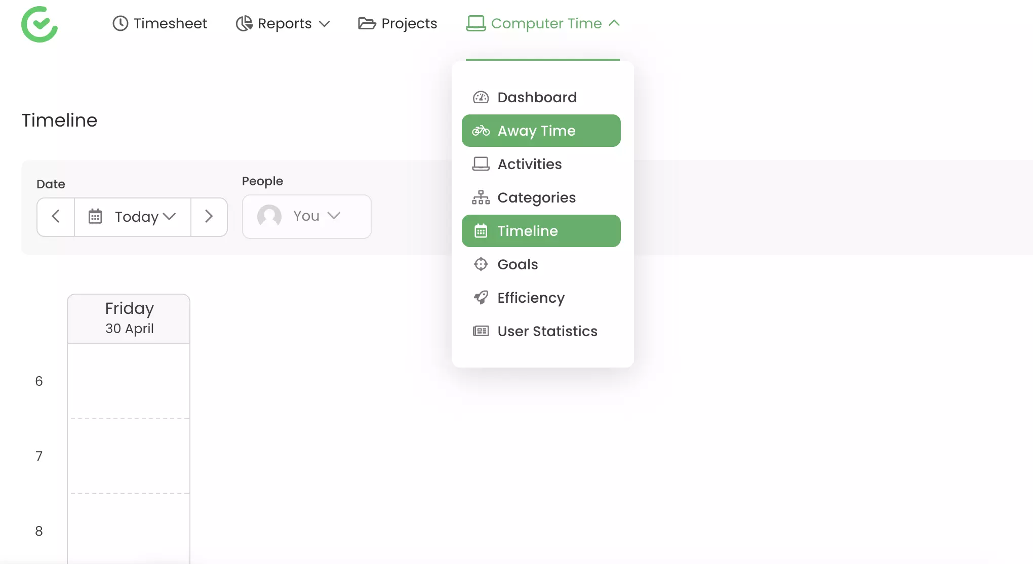 Nyomon követési képességek, például távolléti idő és idősor a TimeCamp-ban