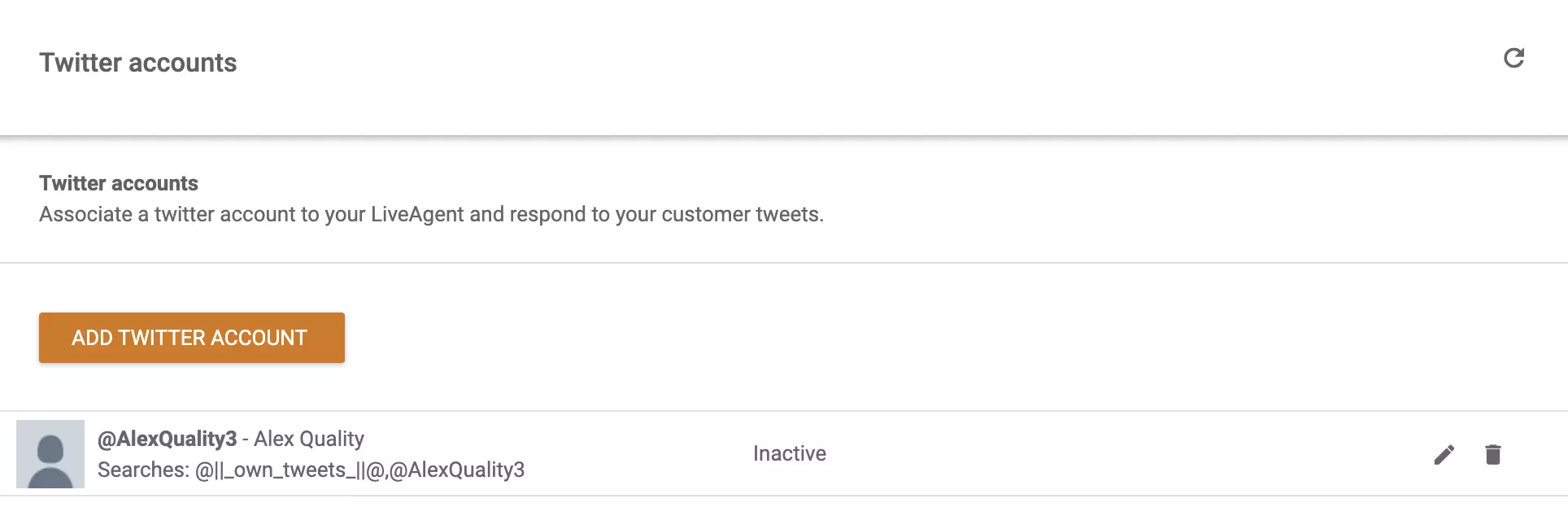 A LiveAgent-hez csatlakoztatott fiókok képe és egy másik Twitter (X) fiók hozzáadásának lehetősége a listához