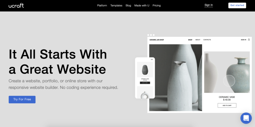 Ucraft kezdőoldal a Get Started gombbal a jobb felső sarokban