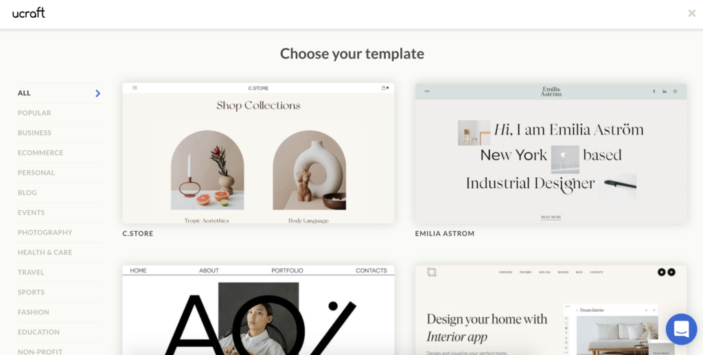 Ucraft sablon kiválasztási képernyő több sablon lehetőséggel