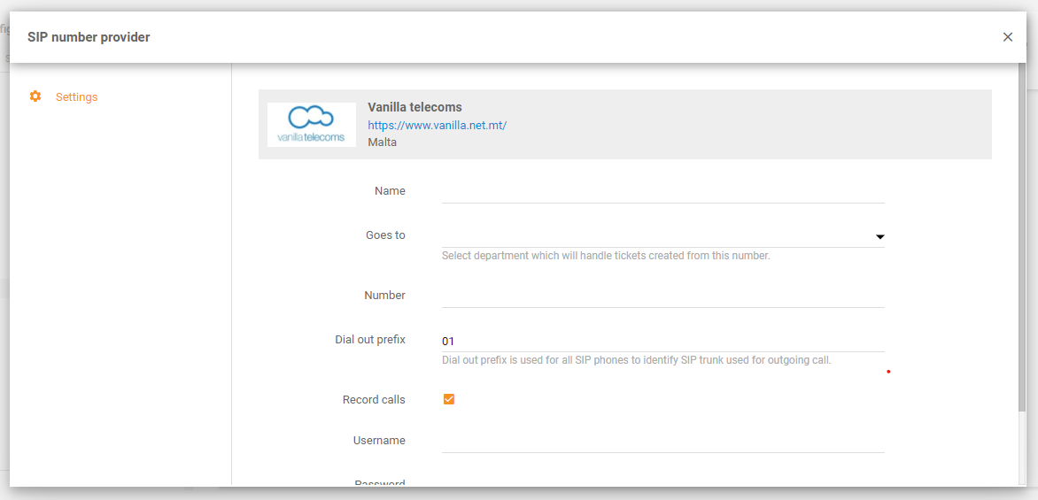 Vanilla Telecoms integráció a LiveAgent-ben