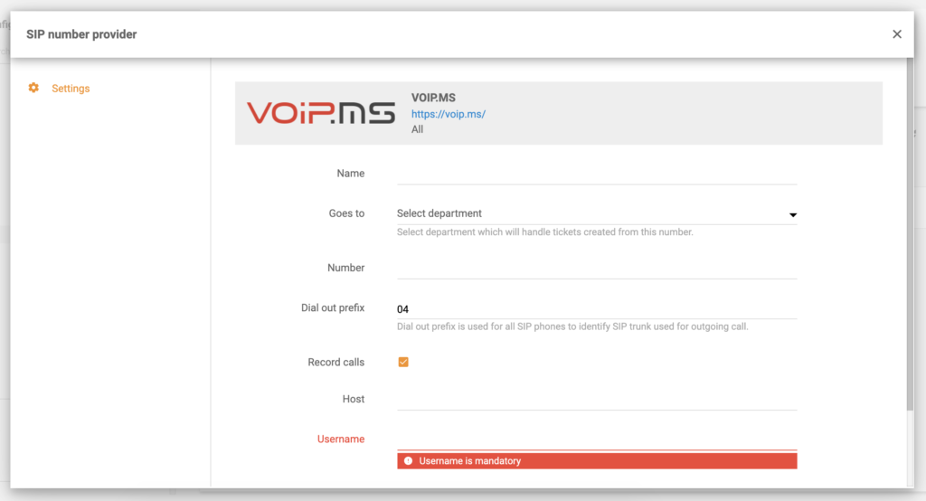 VoIP.ms konfiguráció a LiveAgent hívásbeállításaiban