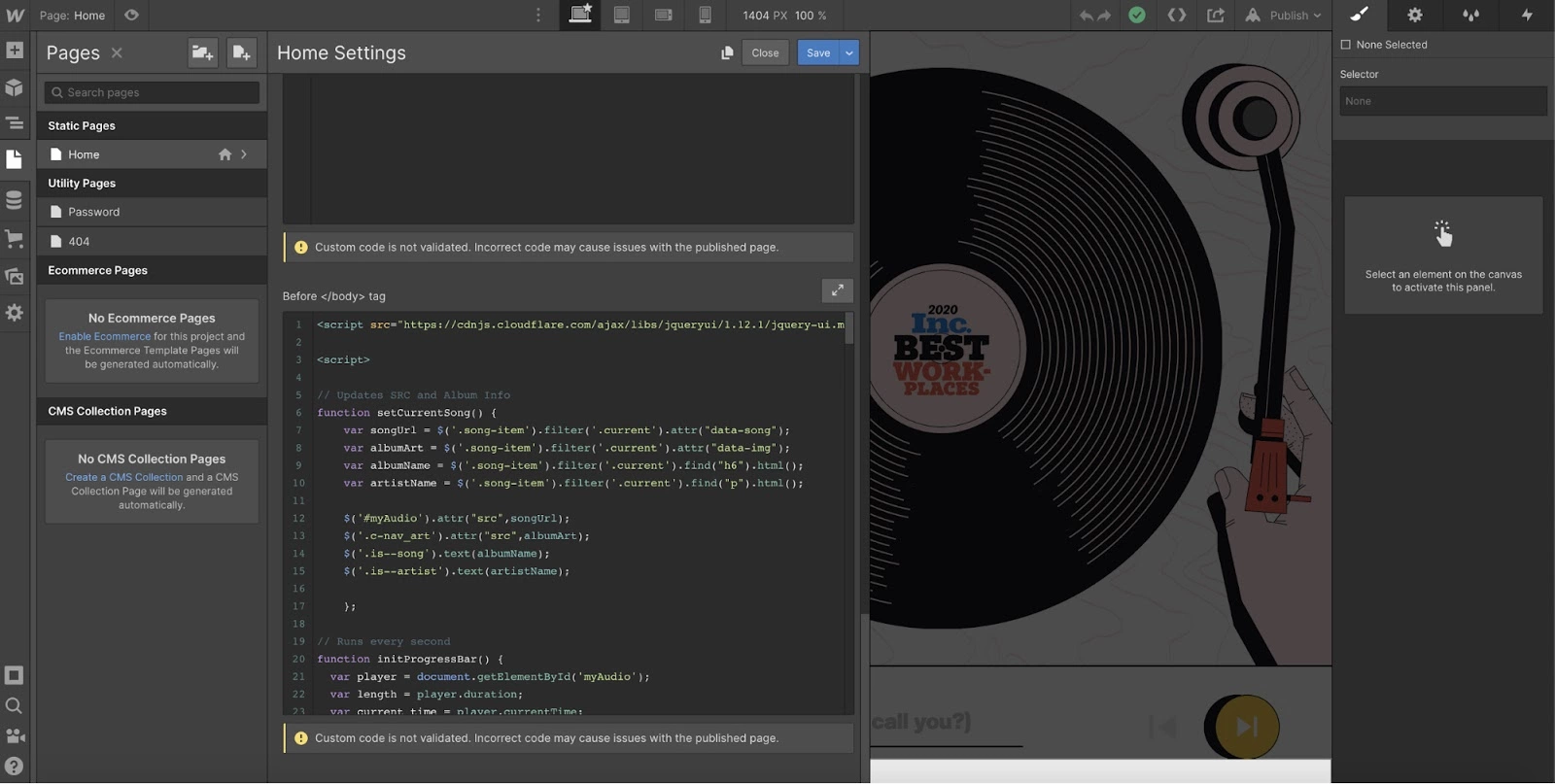 Webflow egyéni kód lehetőség a LiveAgent integrációs folyamatban