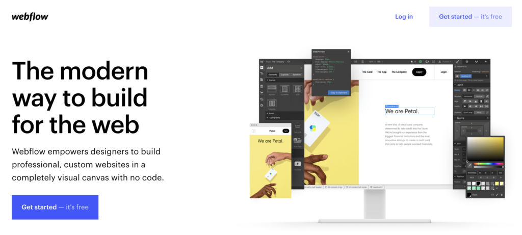 Webflow kezdőoldal a próbaverzió lehetőséggel a jobb felső sarokban