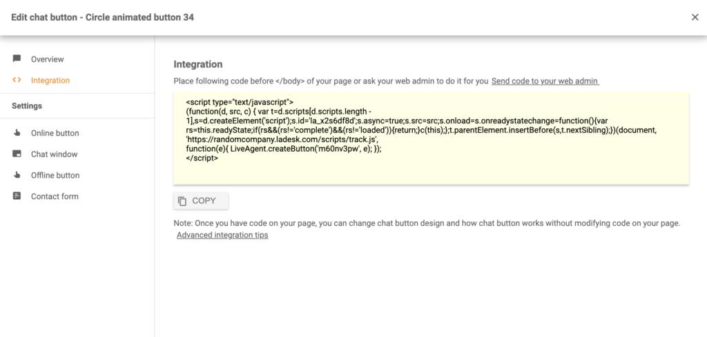 Chat gomb kódja a sikeres konfiguráció után a LiveAgent-ben