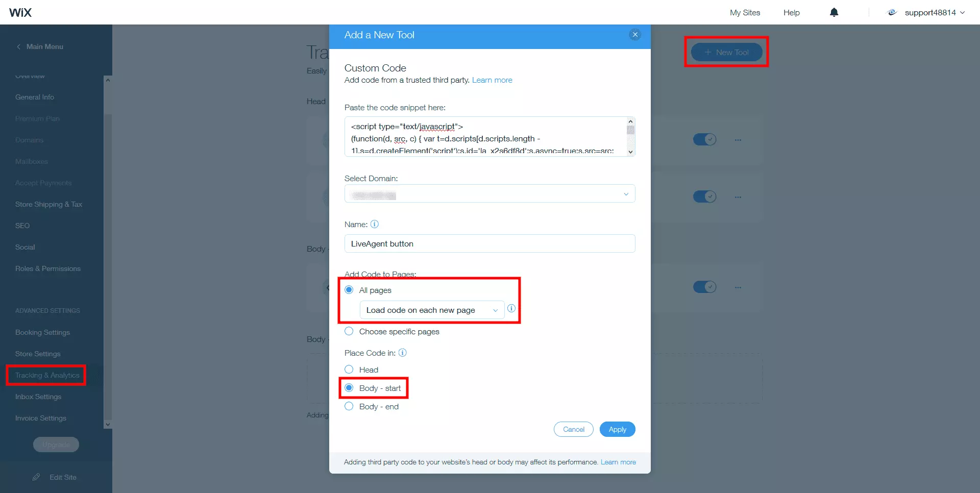 Helyezze el a LiveAgent élő csevegés kódot a Wix webhely törzsébe