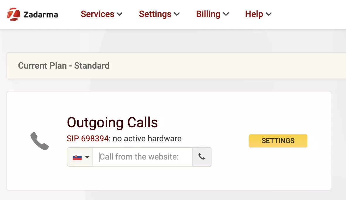 Zadarma VoIP szolgáltató weboldala hívás opcióval