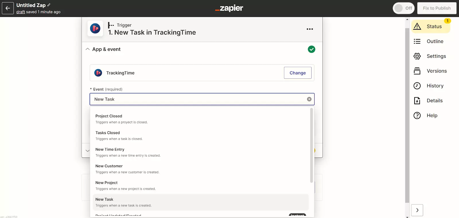 Zapier - új feladat a TrackingTime-ban