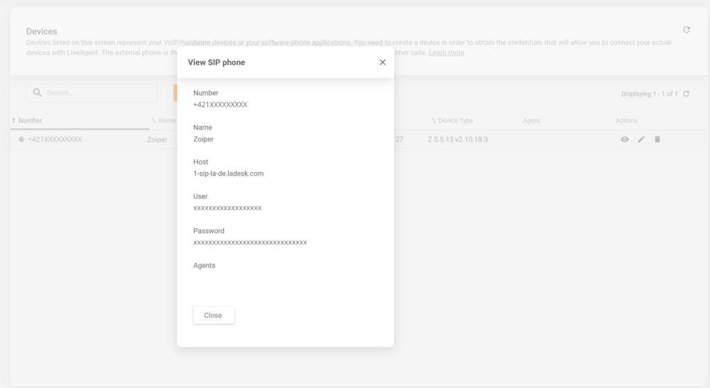 Egy kép, amely azt mutatja, hol találhatók az SIP-eszköz adatai a LiveAgent-ben