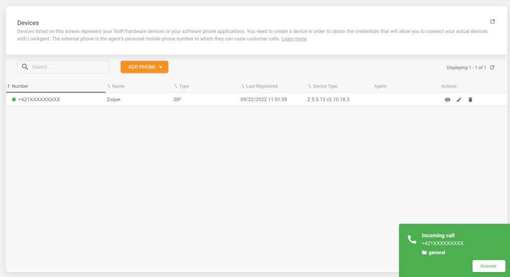 Egy kép, amely egy bejövő hívást mutat egy sikeresen integrált Zoiper softphone-ban a LiveAgent help desk szoftverrel