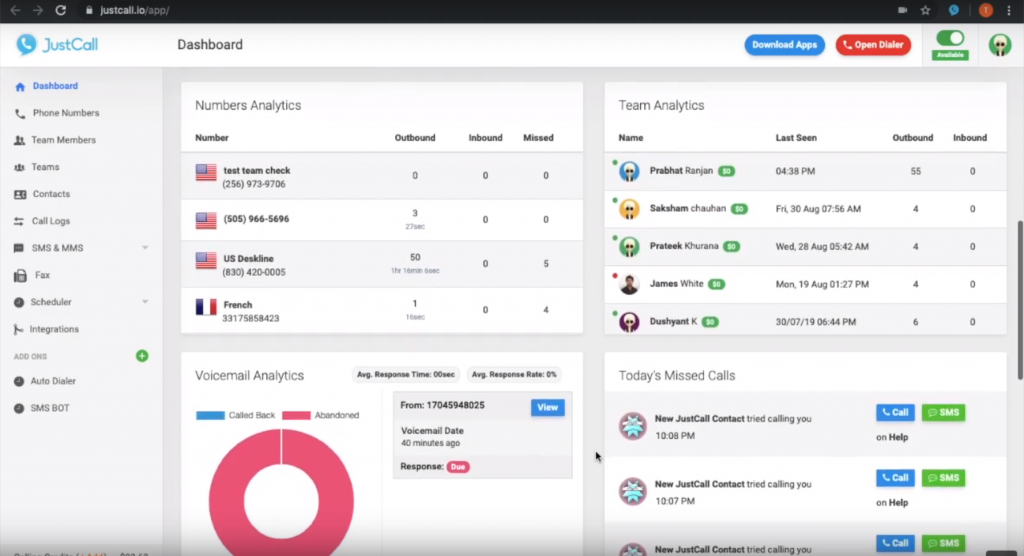 JustCall irányítópultja