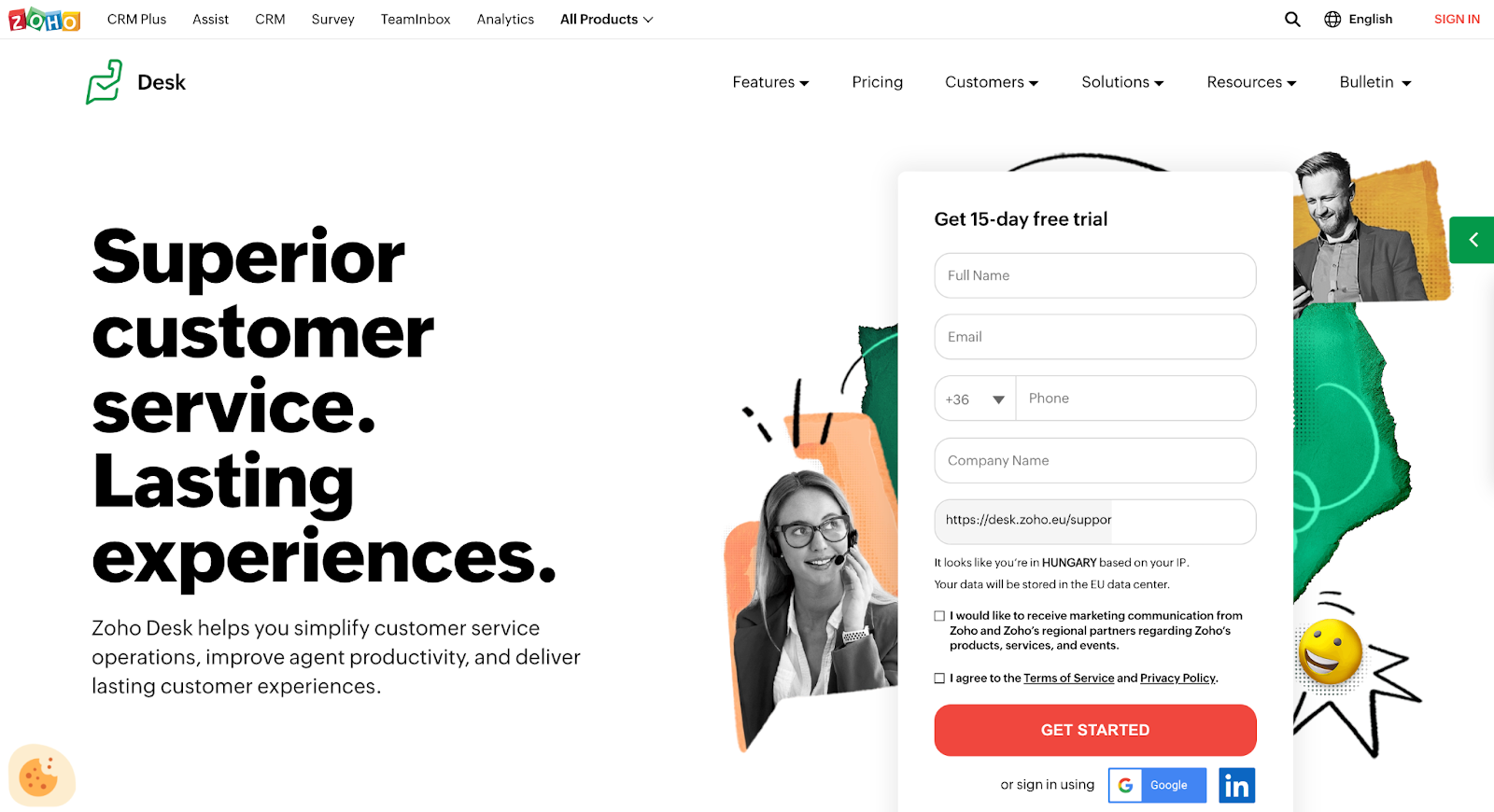 Zoho Desk ticketing rendszer honlapja