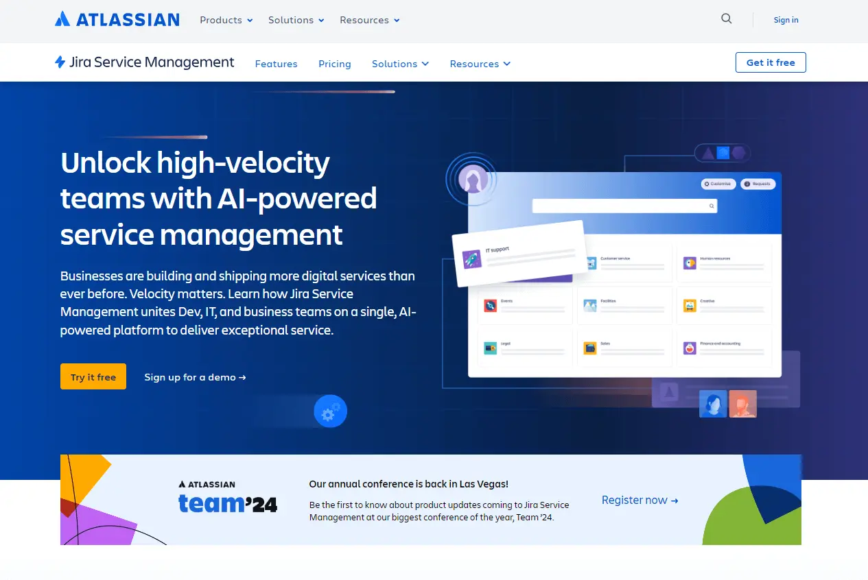 Jira Service Management honlapja, egy Help Scout alternatíva a help desk szoftverhez