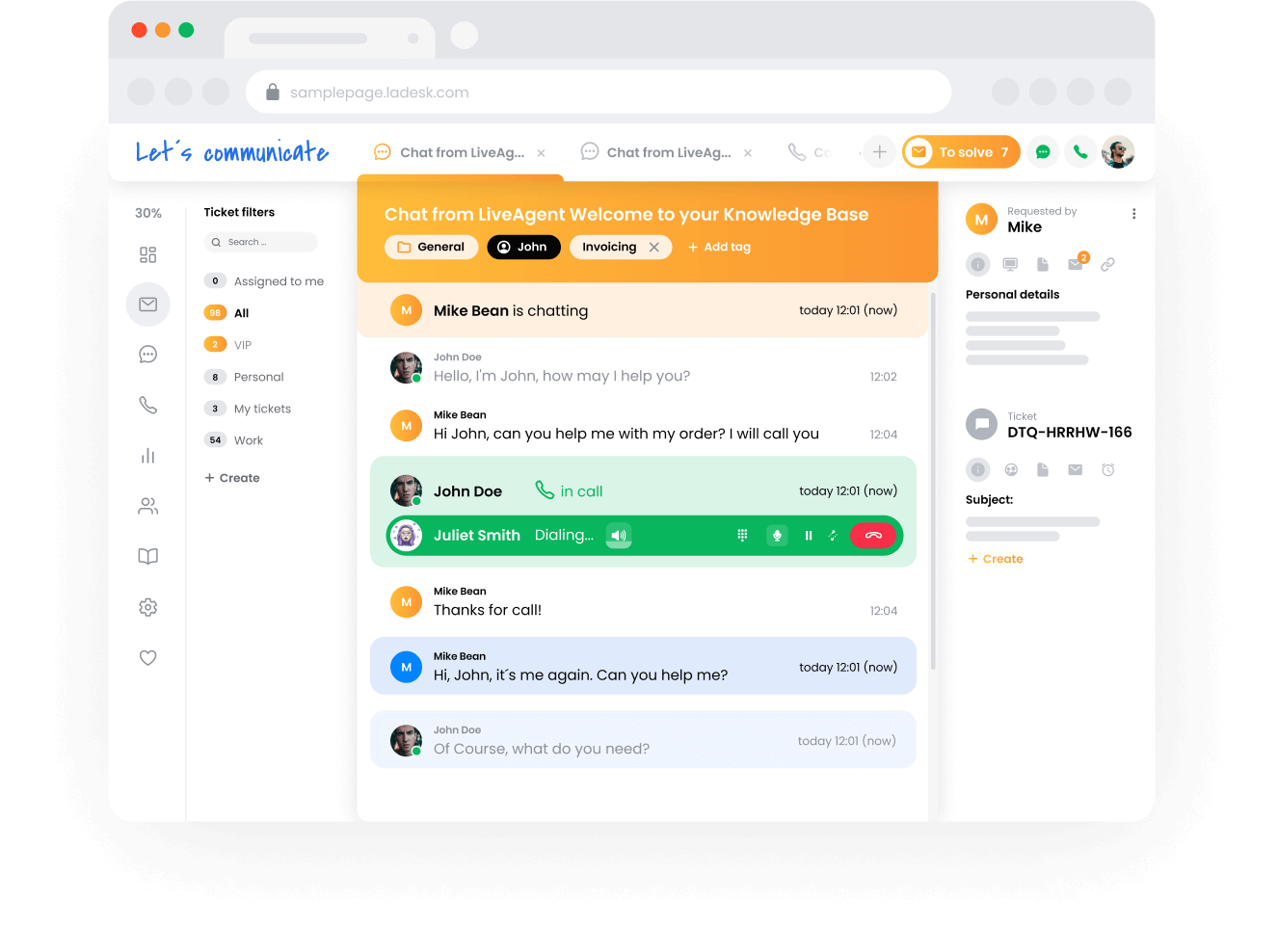 LiveAgent jegyrendszere - támogatási csapat nézete