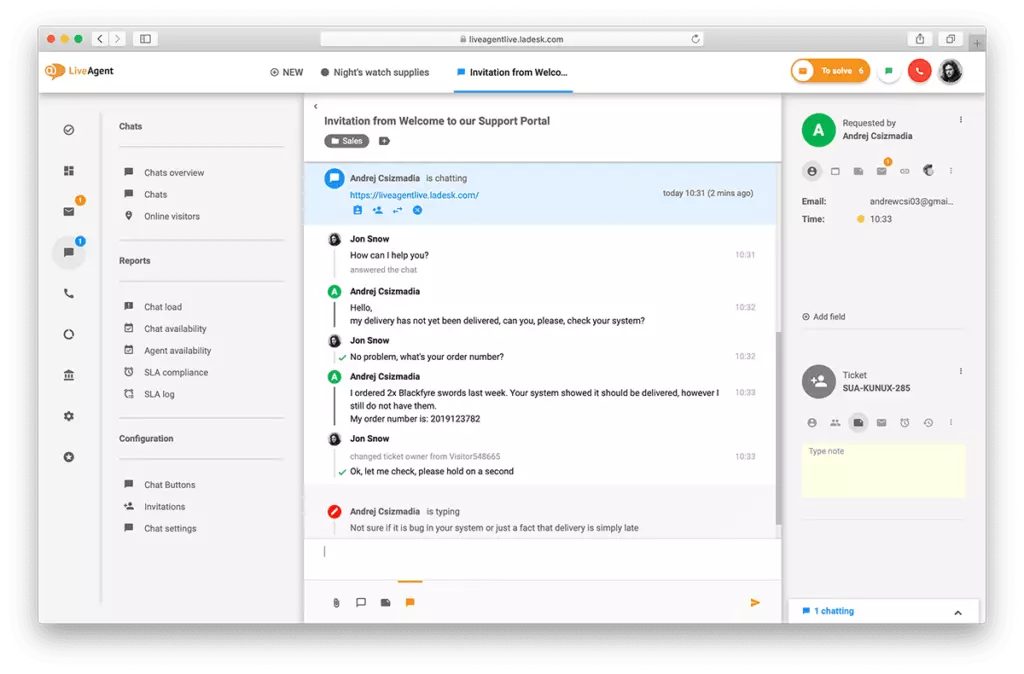 Az élő csevegés felület áttekintése a LiveAgentben.