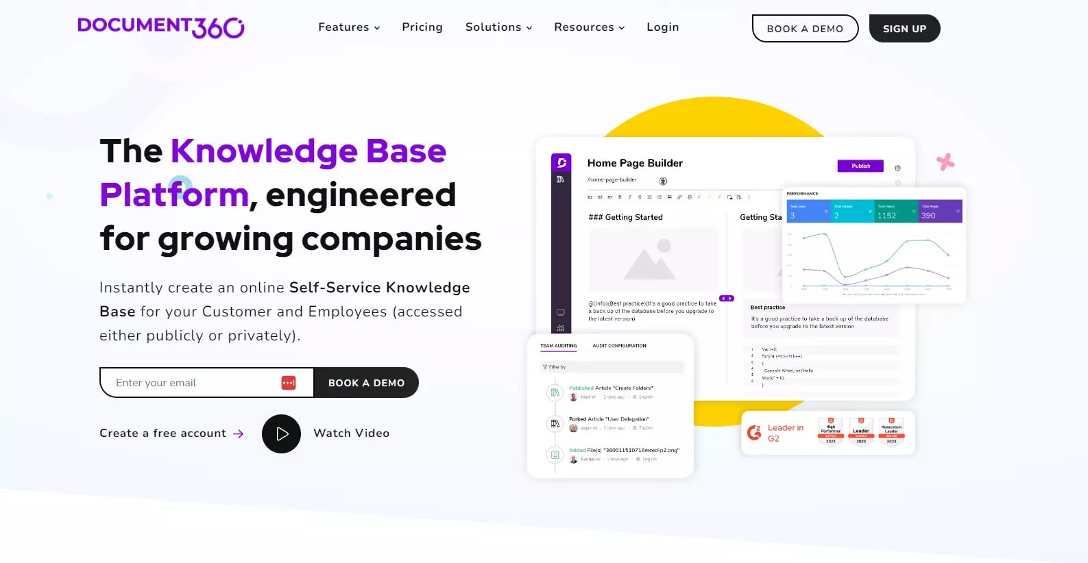 A Document360 honlapjának pillanatképe, amely a kulcsfunkciókra összpontosít