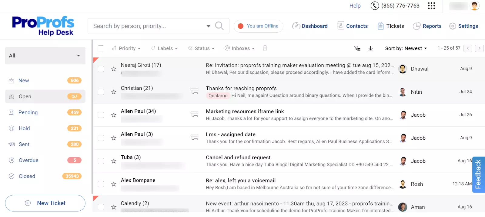 ProProfs Help Desk nyitott jegyek áttekintése