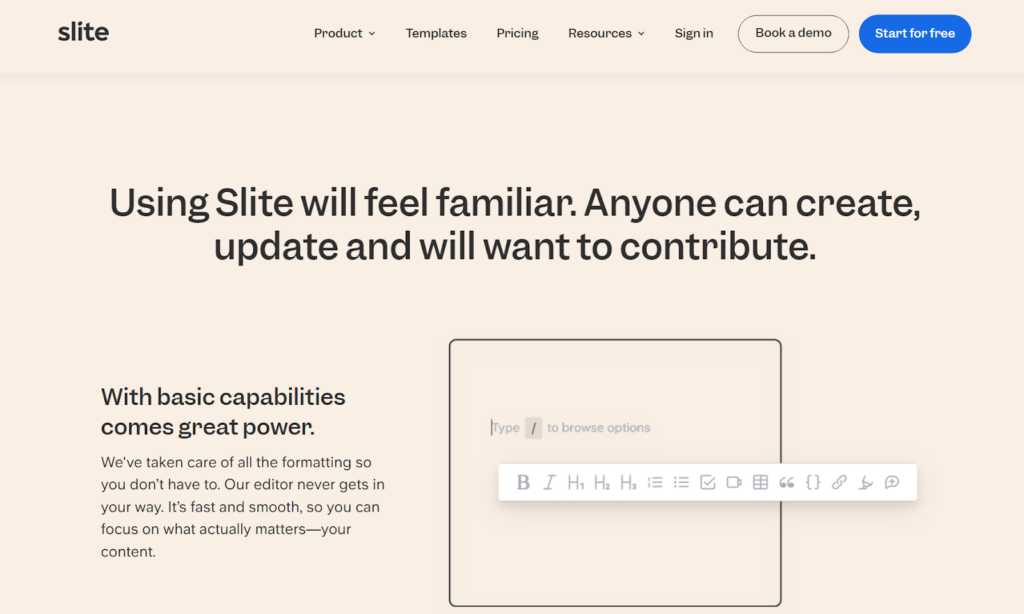 A Slite tudásbázis kezdőlapja