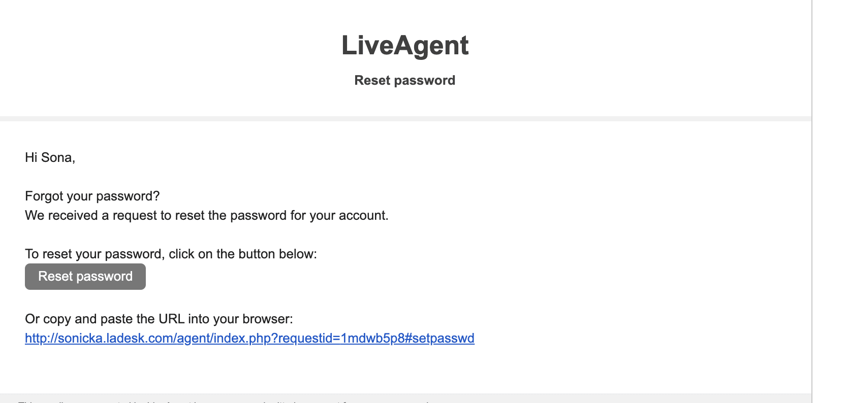 Jelszó visszaállítási e-mail LiveAgent