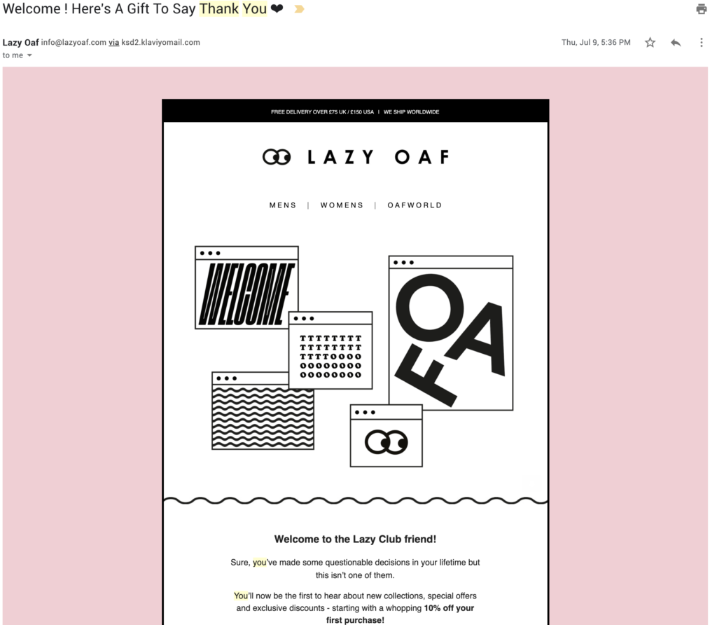 Lazy Oaf ügyfél-értékelési e-mail sablon
