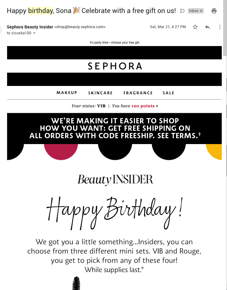 Hűségprogram jutalmazási e-mail sablon Sephora