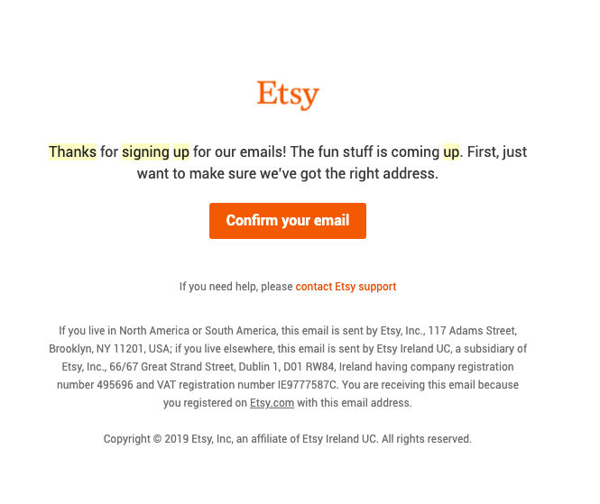 Etsy ügyfélszerzési e-mail megerősítés
