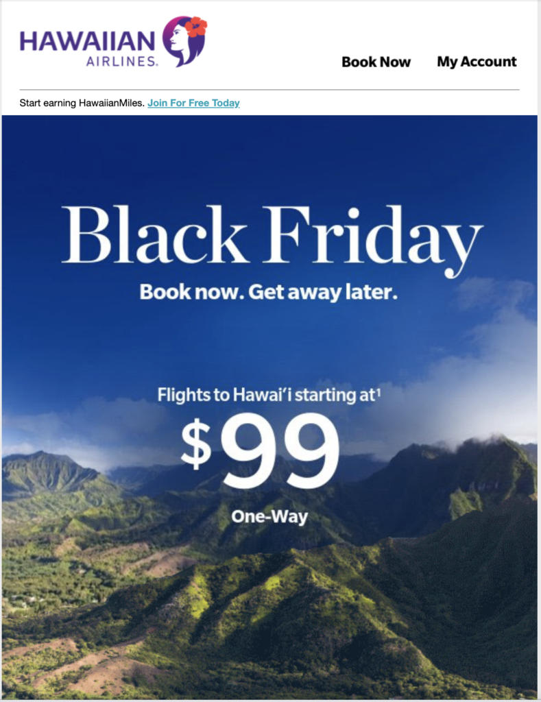 Hawaiian Airlines Black Friday e-mail kampány