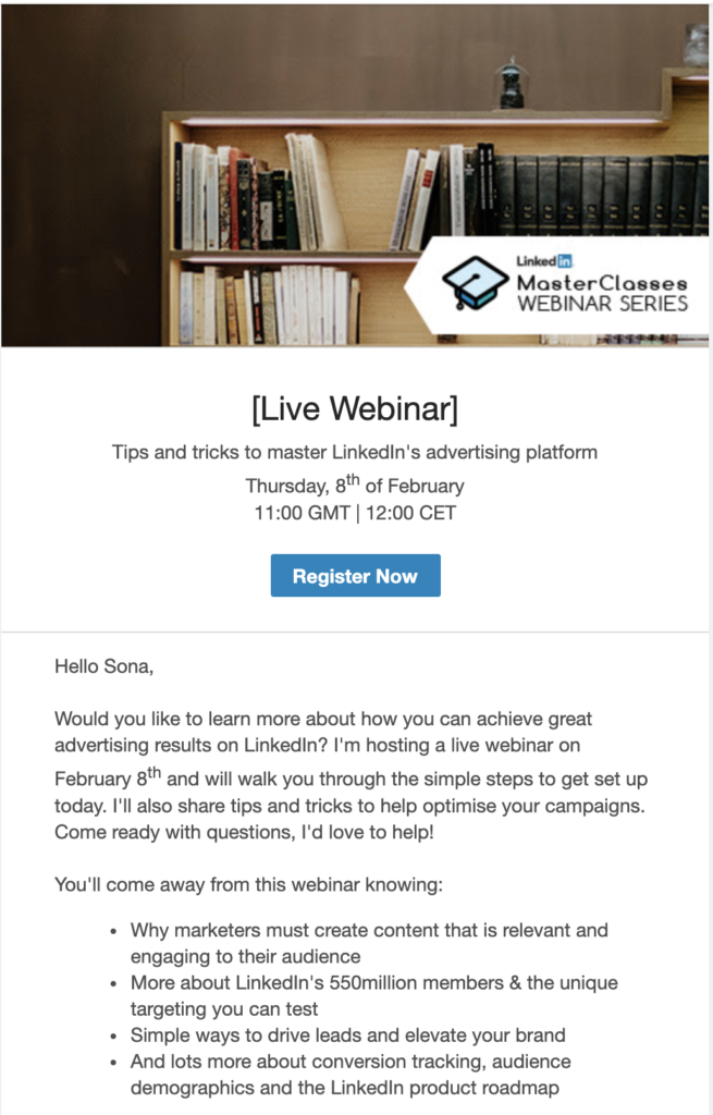 LinkedIn webinárius előzetes e-mail sablon