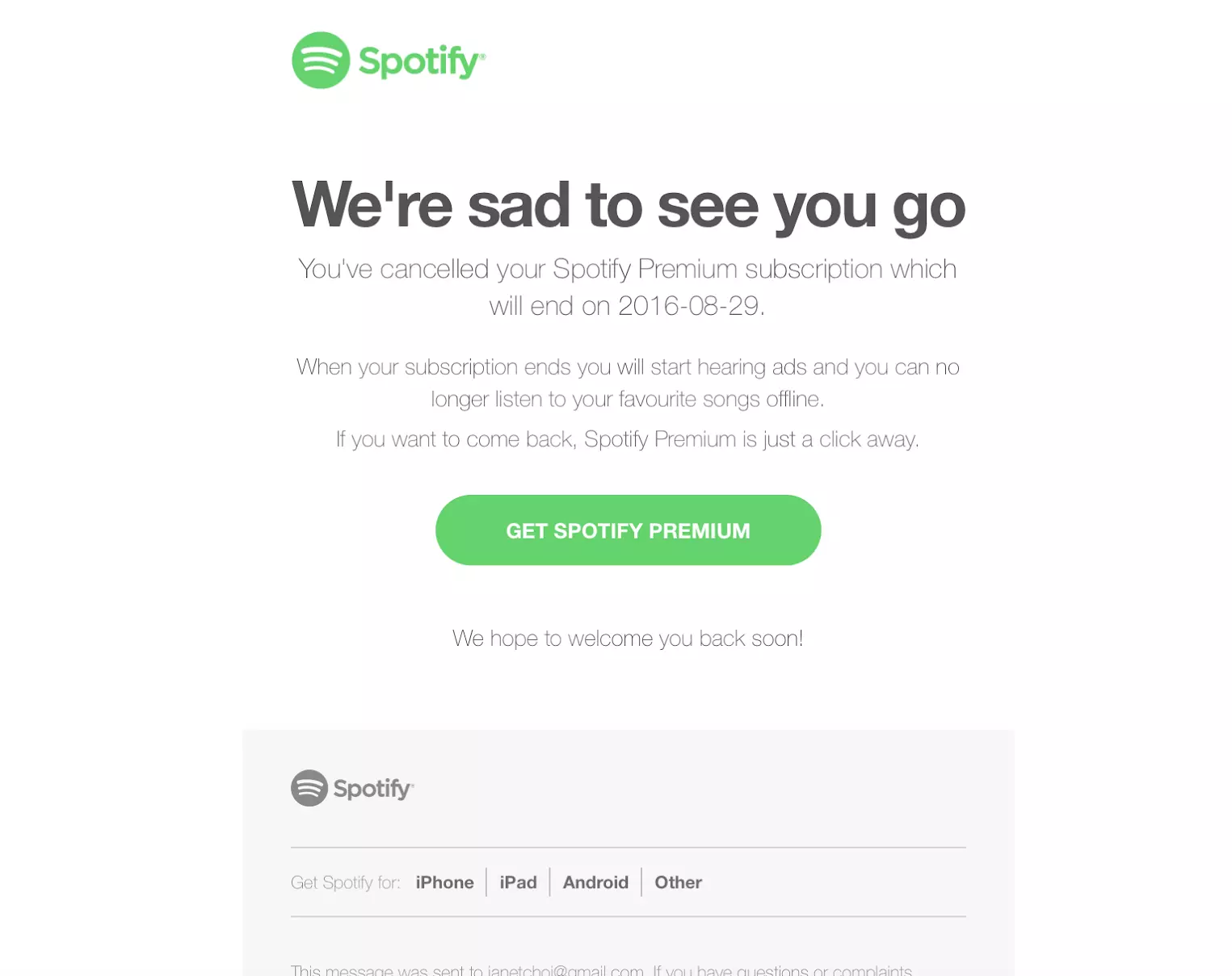 Spotify lemondási email példája