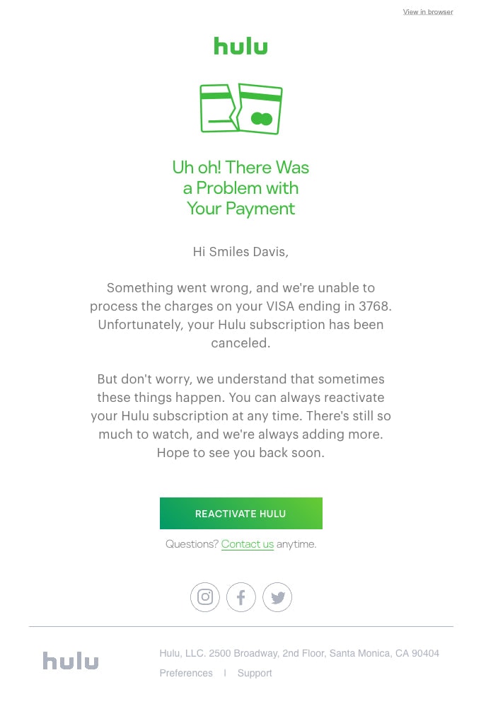 Hulu előfizetés lemondási email példa