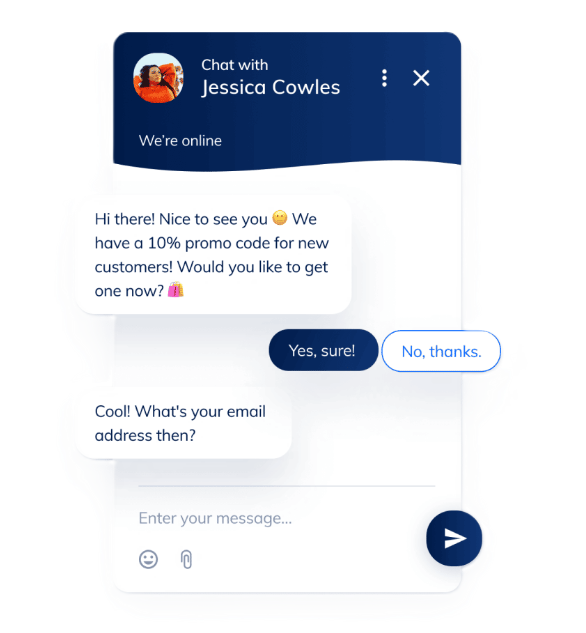 Élő csevegés felület promó kód kínálásával és felhasználó e-mail-jének kérésével