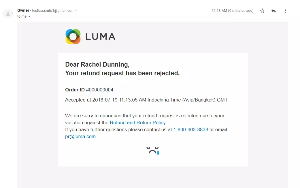 Visszatérítési kérelem elutasítási e-mail példája