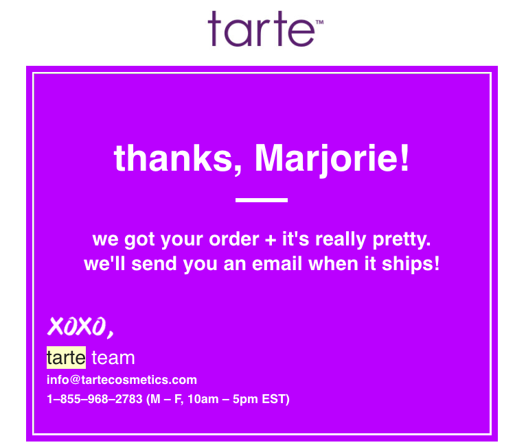 Tarte thank you email