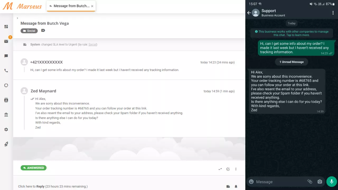 WhatsApp üzenet jegyként megjelenítve a LiveAgent-ben