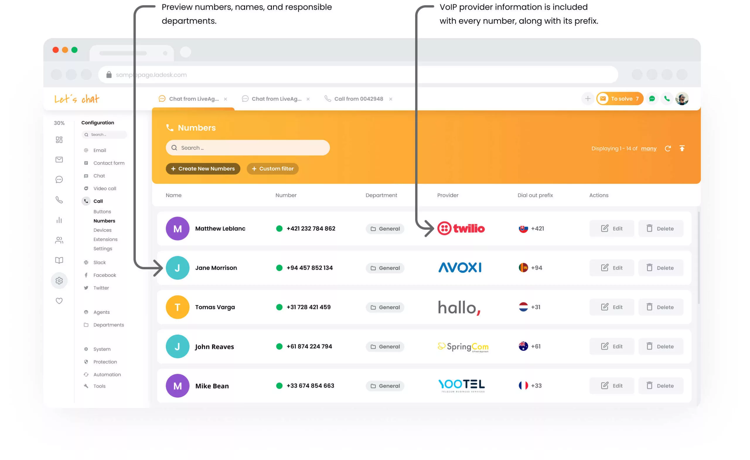 LiveAgent hívásközpont számok beállítása
