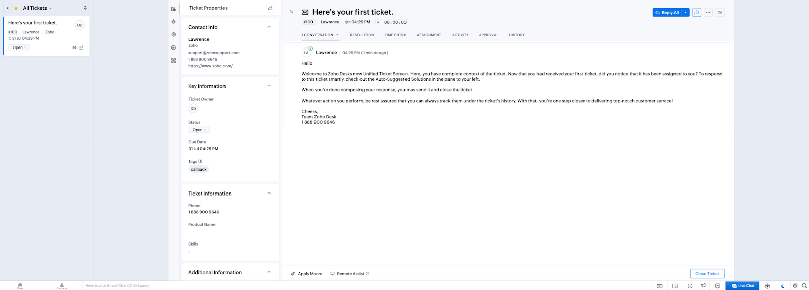 A Zoho Desk jegykezelő környezete