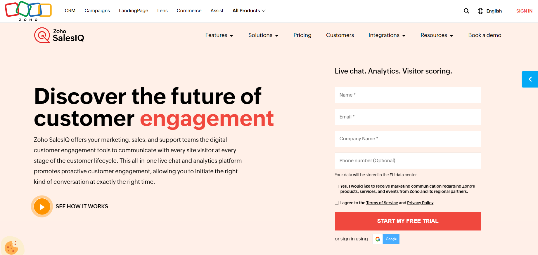 Zoho SalesIQ kezdőlap - ügyfélkapcsolati e-kereskedelmi élő chat szoftver