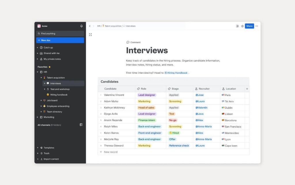 A Slite segítségével létrehozott tudásbázis példája